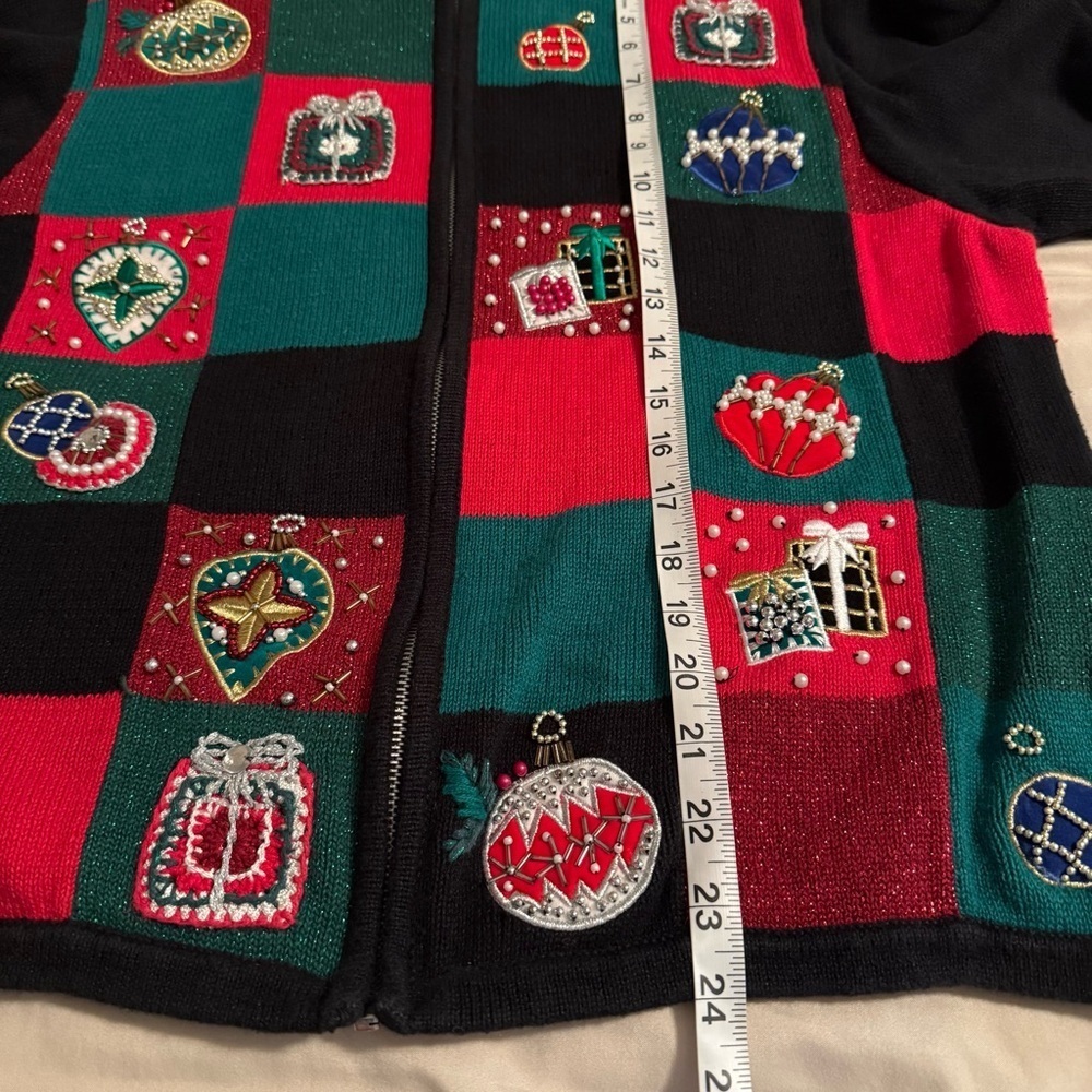 Vtg Victoria Jones Womens Sz XL Black Red Full Zip Christmas Sweater Grandmacore - Picture 9 of 9